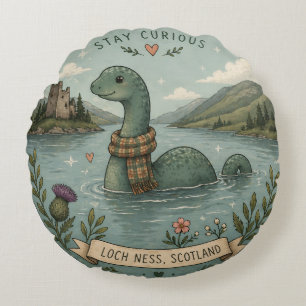 Stay Curious Cosy Cryptid Nessie Loch Ness Monster Round Cushion