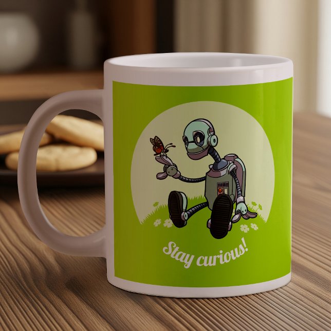 Stay Curious! Robot And Butterfly Cartoon Large Coffee Mug (Creator Uploaded)