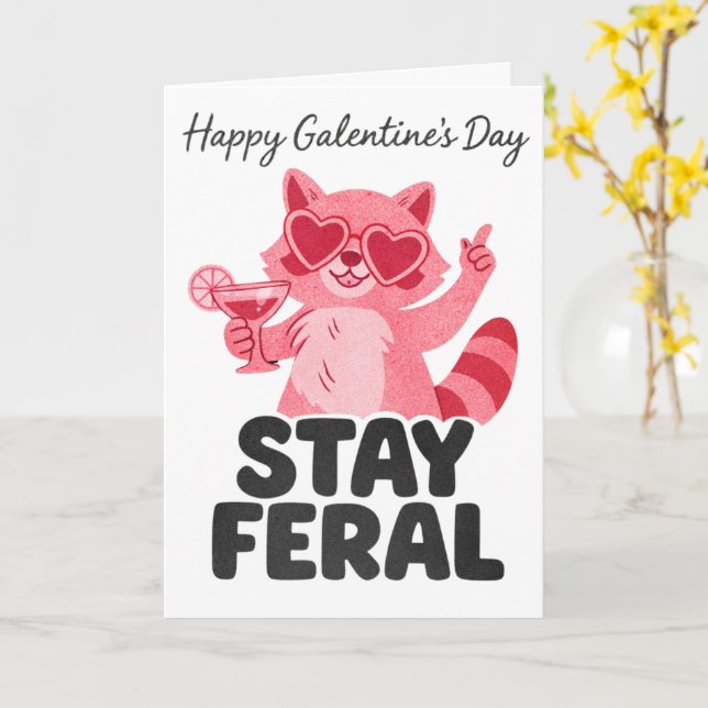 Stay Feral Galentines Racoon Card (Yellow Flower)
