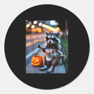 Stay feral racoon drinking iced coffee halloween classic round sticker