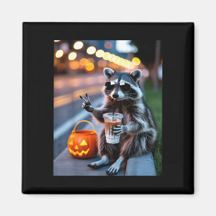 Stay feral racoon drinking iced coffee halloween magnet