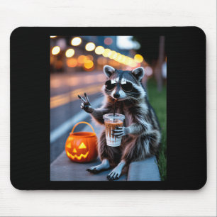 Stay feral racoon drinking iced coffee halloween mouse pad