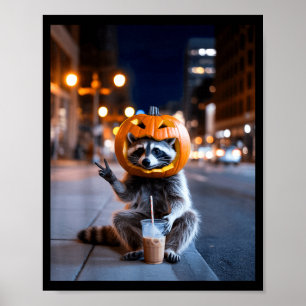 Stay feral racoon halloween drinking iced coffee poster