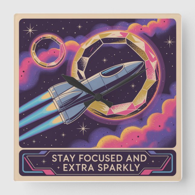 Stay Focused And Extra Sparkly Square Wall Clock (Front)