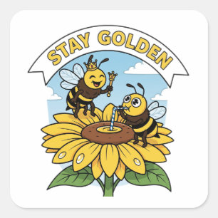 Stay Golden – Bee and Flower Illustration Square Sticker
