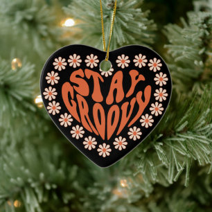 Stay Groovy Heart With Flowers Ceramic Ornament