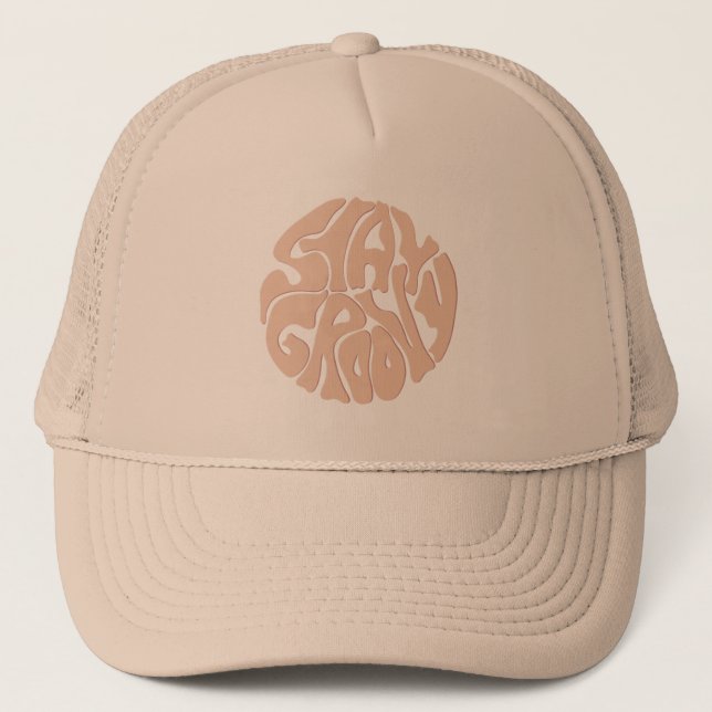 Stay Groovy Retro Beige Trucker Hat (Front)