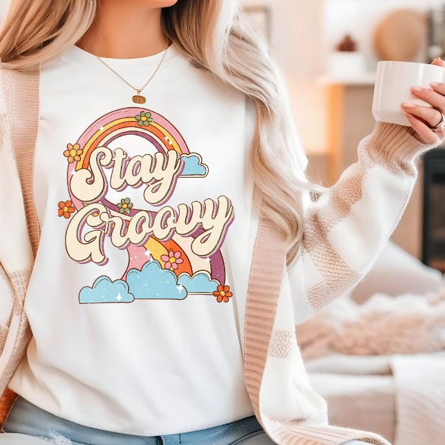 Stay Groovy Retro Rainbow Flowers Typography T-Shirt (Creator Uploaded)