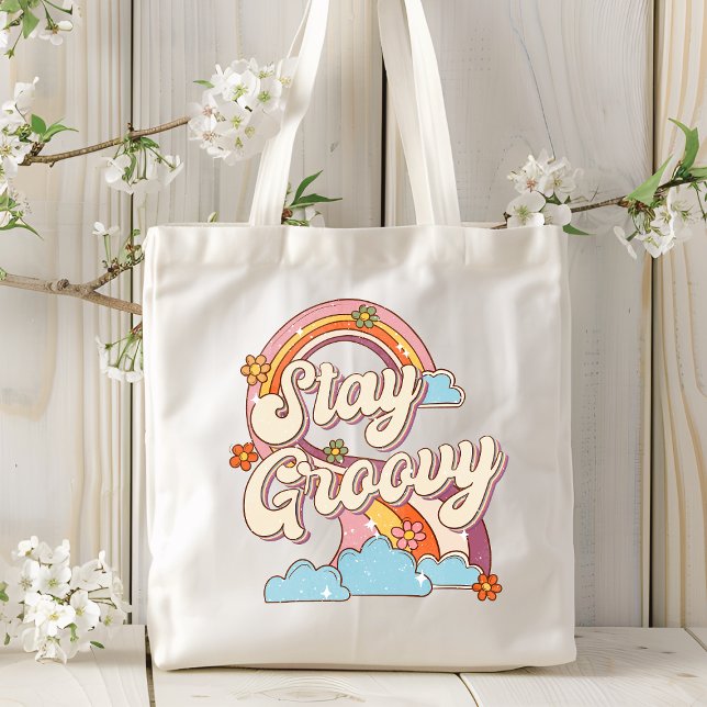 Stay Groovy Retro Rainbow Flowers Typography Tote Bag (Creator Uploaded)