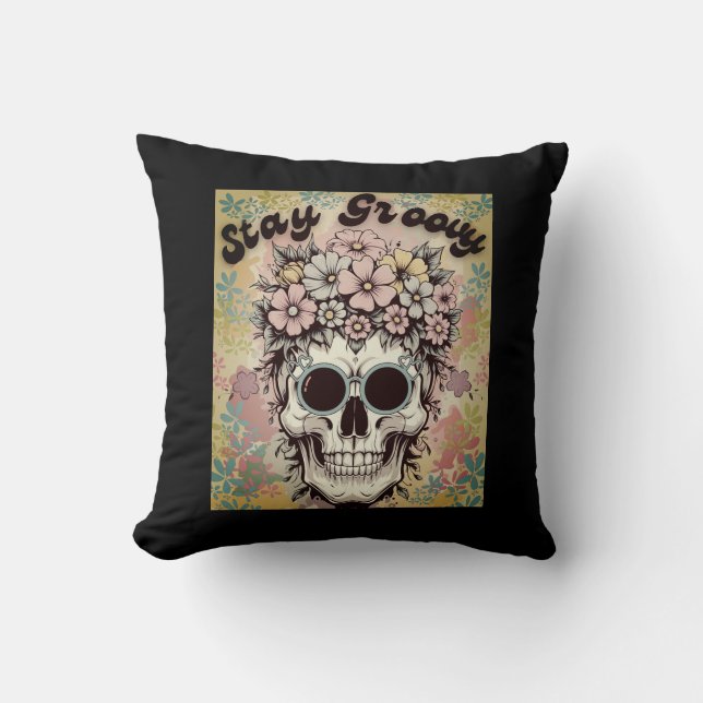 Stay Groovy Skull Retro Floral Halloween Skull 70s Cushion (Front)