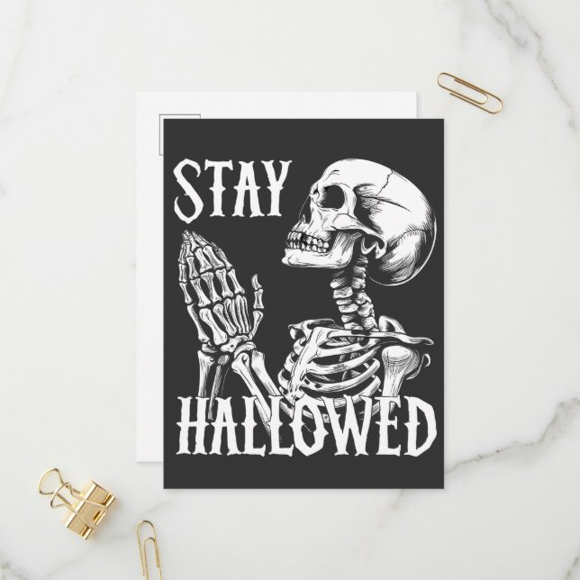 Stay Hallowed Praying Skeleton Hands Halloween Invitation Postcard (Front/Back In Situ)