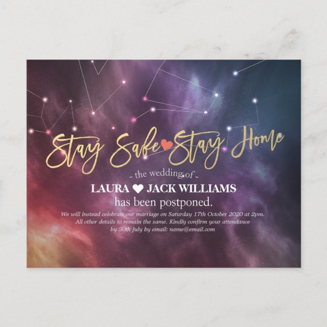 Stay Home & Stay Safe Wedding Postponement Galaxy Announcement Postcard (Front)