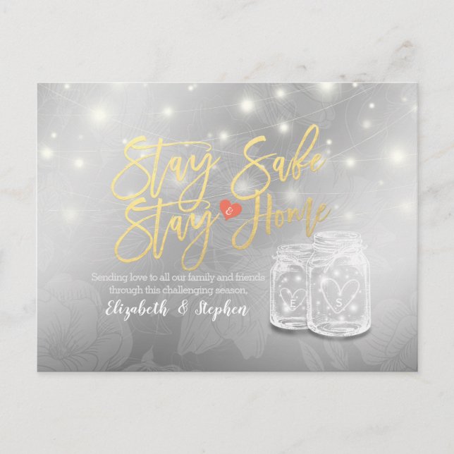 Stay Home Stay Safe Wedding Postponement Mason Jar Announcement Postcard (Front)