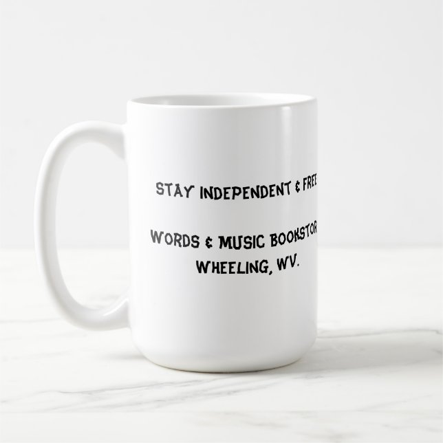 stay independent & free mug words & music books (Left)