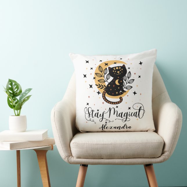 Stay Magical: Black Cat, Moon, Stars & Custom Name Cushion (Chair)