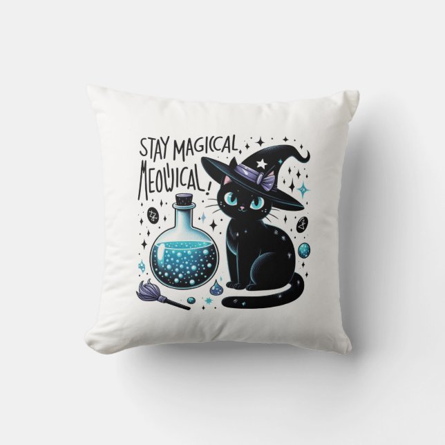 Stay Magical Meowgical Witch Black Cat Cute Cushion (Front)