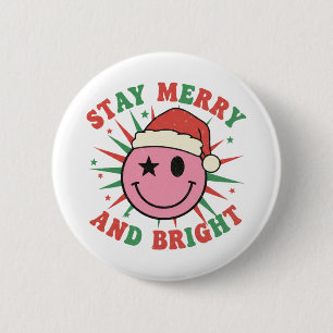 Stay Merry And Bright Retro Smiley Face Christmas 6 Cm Round Badge