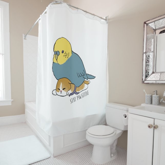 Stay Pawsitive - Bird Sitting on Cat｜Colour Bars Shower Curtain (In Situ)