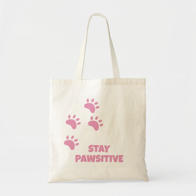 Stay Pawsitive! Cat Pink Paw Prints  Tote Bag (Front)