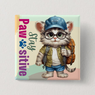 Stay Pawsitive Cat Wearing Backpack 15 Cm Square Badge