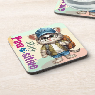 Stay Pawsitive Cat Wearing Backpack Coaster