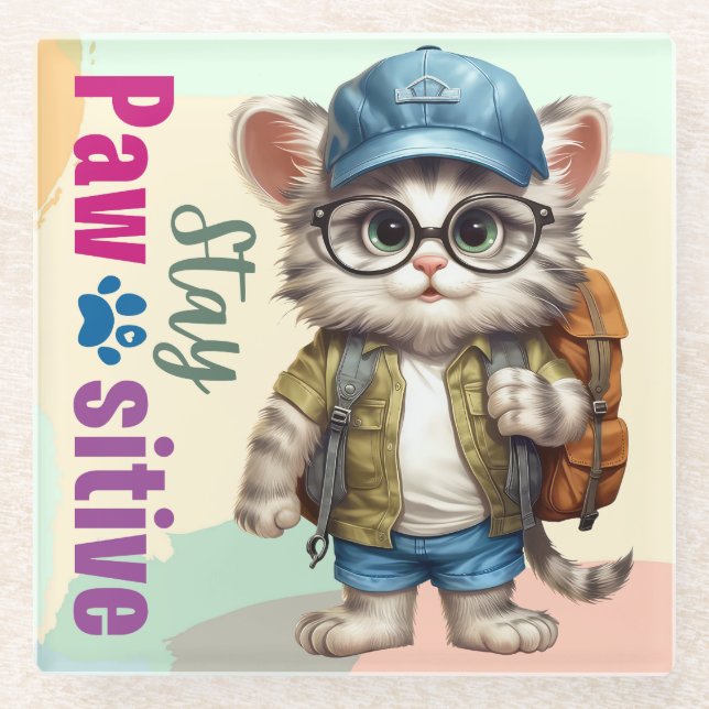Stay Pawsitive Cat Wearing Backpack Glass Coaster (Front)