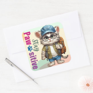 Stay Pawsitive Cat Wearing Backpack Square Sticker