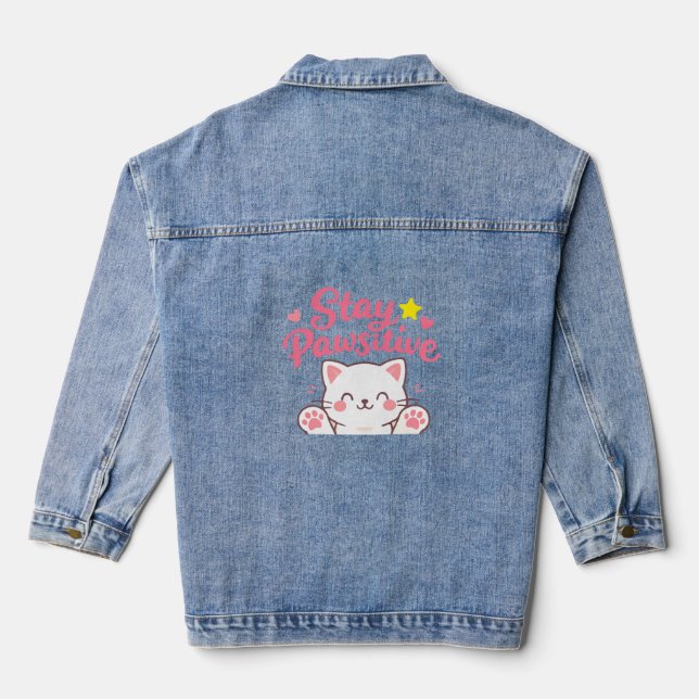 Stay Pawsitive – Cute Cat Motivational Quote Desig Denim Jacket (Back)