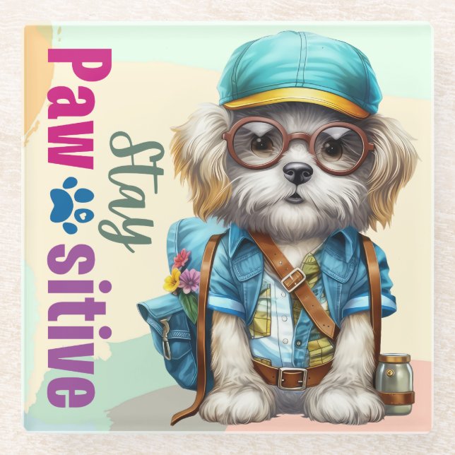Stay Pawsitive Cute Dog Wearing Backpack Glass Coaster (Front)
