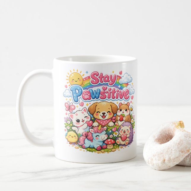 Stay Pawsitive Cute Kawaii Animals Coffee Mug  (With Donut)