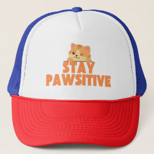 Stay Pawsitive Cute Winking Cat Pun Design Trucker Hat