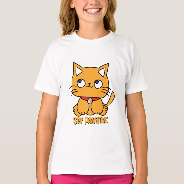 Stay Pawsitive Funny Cat Cartoon for Kids T-Shirt (Front)