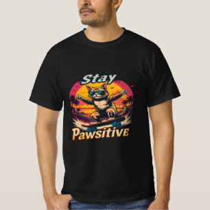 Stay Pawsitive Retro Cat Skateboard Design – Funny T-Shirt