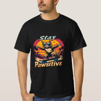 Stay Pawsitive Retro Cat Skateboard Design – Funny T-Shirt