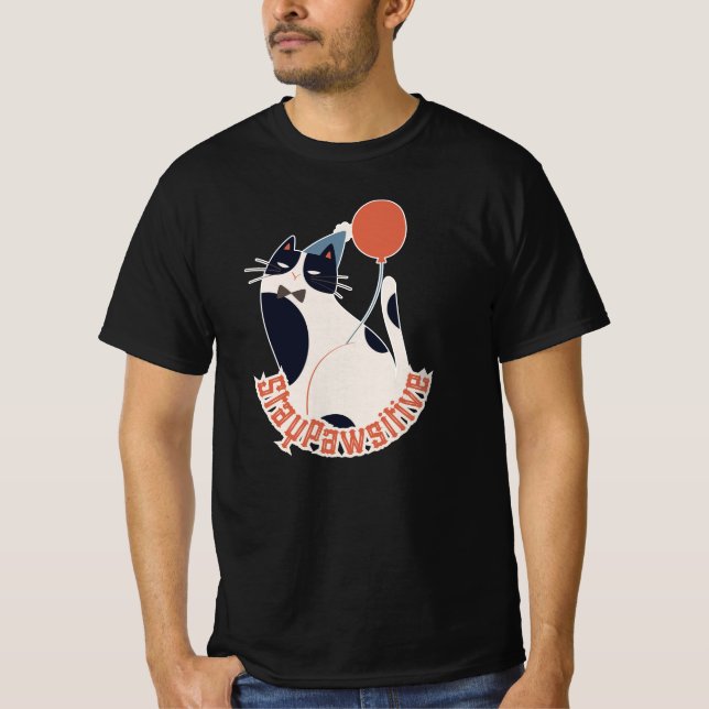 Stay Pawsitive Tuxedo Cat Birthday Party Grey  T-Shirt (Front)
