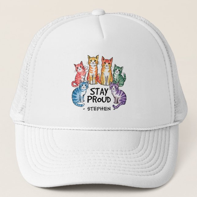 Stay Proud – Rainbow Cat LGBTQ Pride Trucker Hat (Front)