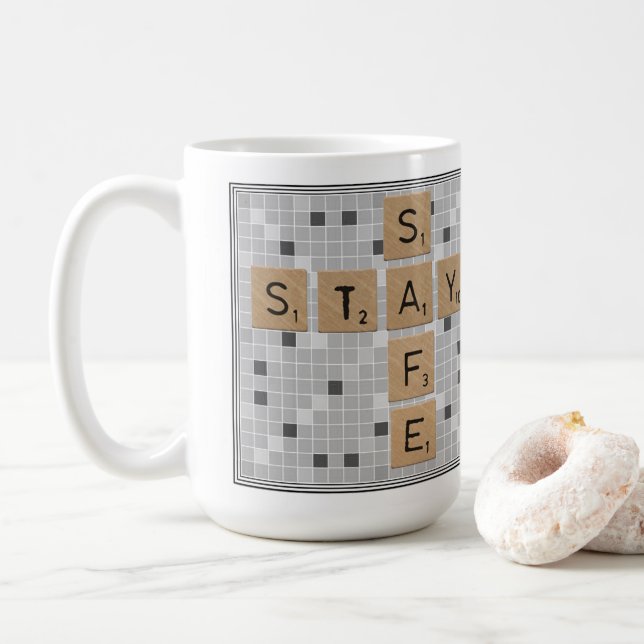 Stay Safe Game Tiles Coffee Mug (With Donut)