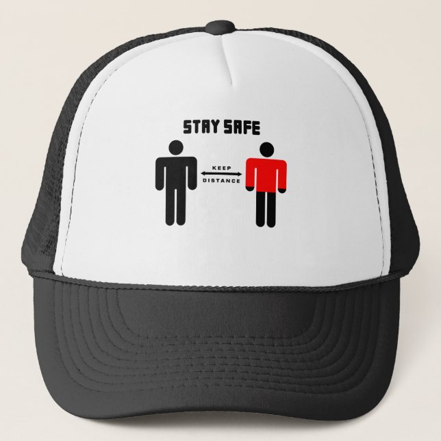 Stay Safe People Red Shirt Trucker Hat (Front)