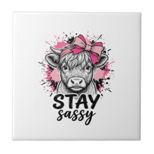 Stay Sassy Pink Highland Cow Vintage Engraving Shi Ceramic Tile