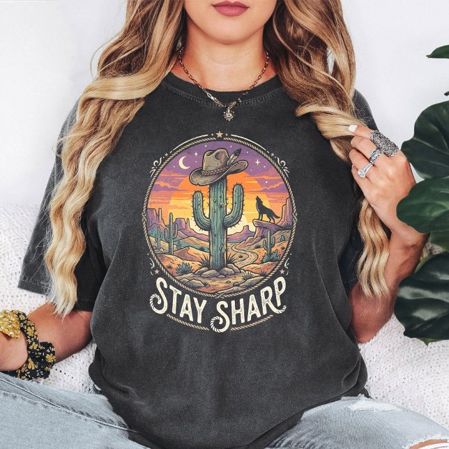 Stay Sharp Cactus Cowboy Wolf Desert Sunset T-Shirt (Creator Uploaded)