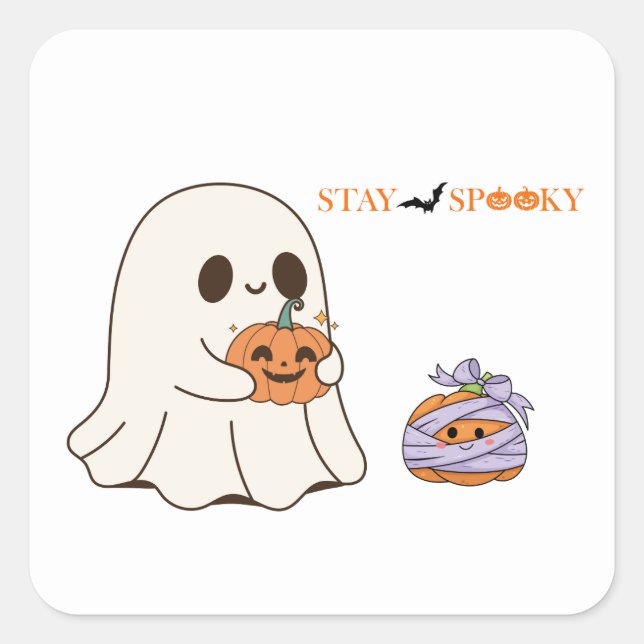 Stay Spooky Cute Ghost & Pumpkin Halloween Party D Square Sticker (Front)