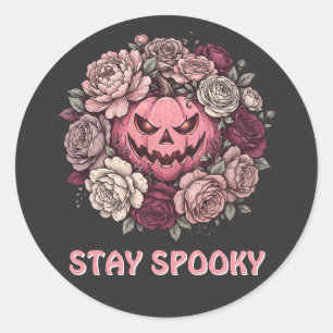 Stay Spooky Floral Pink Jack-O'-Lantern Wreath Classic Round Sticker
