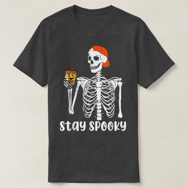 Stay Spooky Funny Leopard Coffee Skeleton Hallowee T-Shirt (Design Front)
