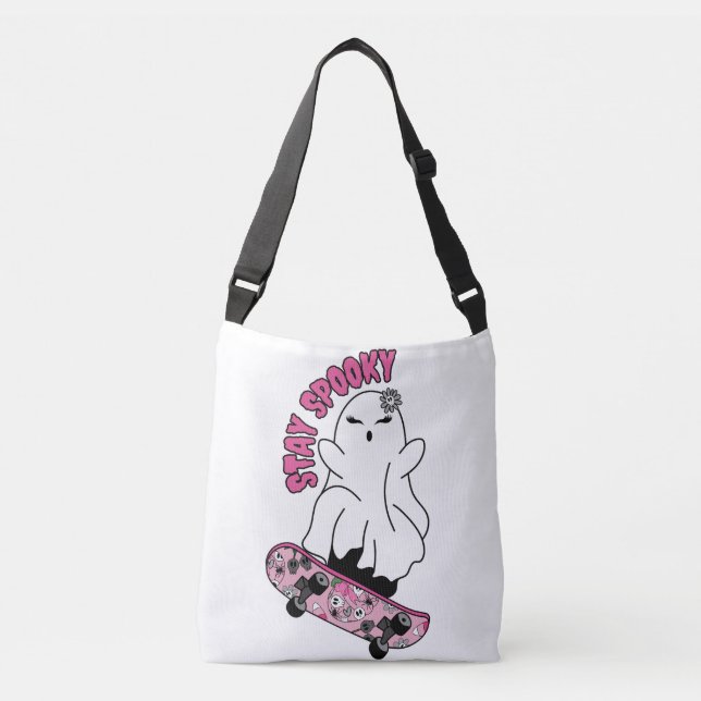 "Stay Spooky" Ghost on a Skateboard – Cool Pink Crossbody Bag (Front)