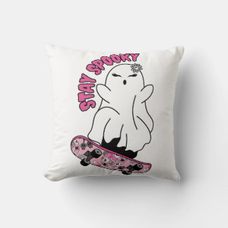 "Stay Spooky" Ghost on a Skateboard – Cool Pink Cushion