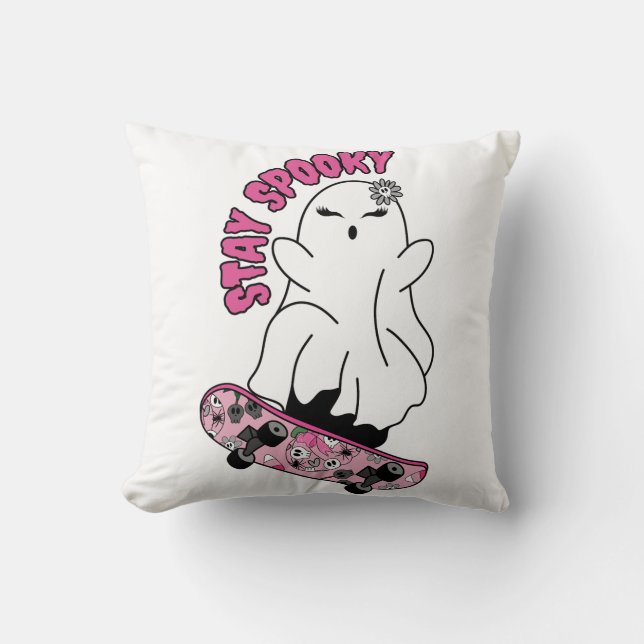 "Stay Spooky" Ghost on a Skateboard – Cool Pink Cushion (Front)