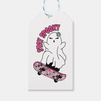 "Stay Spooky" Ghost on a Skateboard – Cool Pink Gift Tags