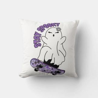 "Stay Spooky" Ghost on a Skateboard – Cool Purple Cushion