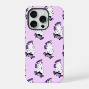 "Stay Spooky" Ghost on a Skateboard – Cool Purple iPhone 15 Pro Case