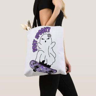 "Stay Spooky" Ghost on a Skateboard – Cool Purple Tote Bag